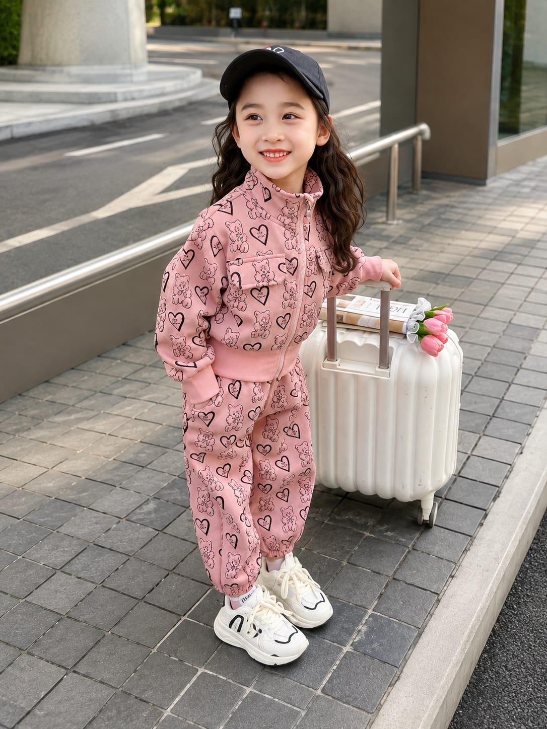 Pink Cute Bear And Hearts Printed Zipper Track Suit