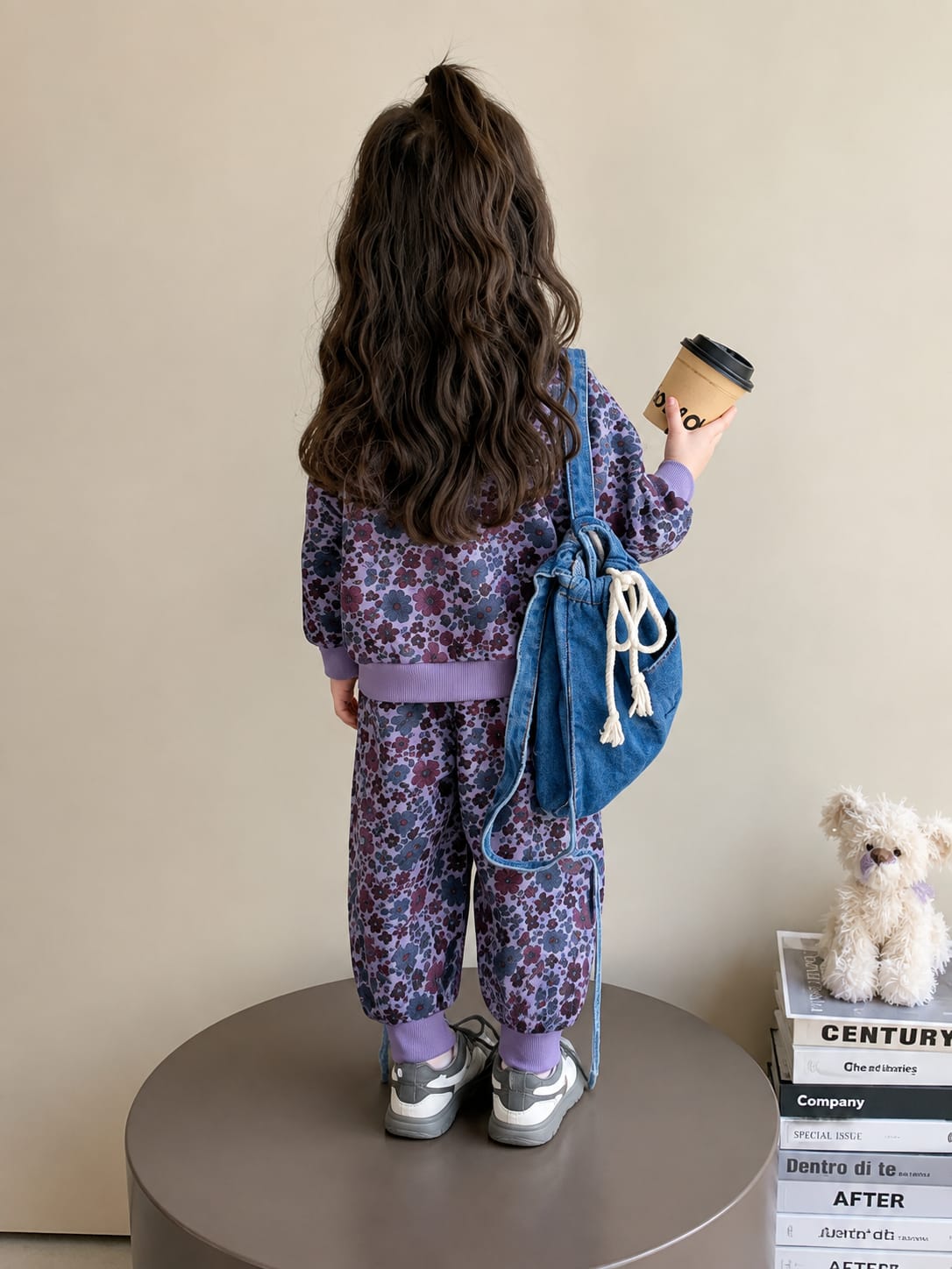 Purple Flowers Printed Half Zipper Kids Track Suit
