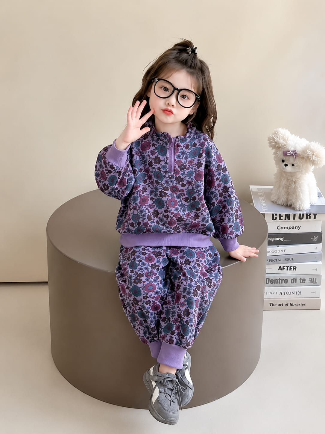 Purple Flowers Printed Half Zipper Kids Track Suit