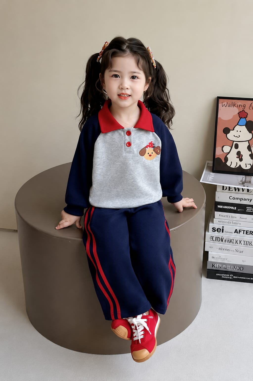 Grey And Navy Blue Cute Puppy Print Kids Track Suit