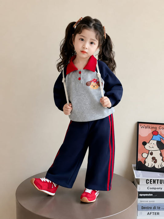 Grey And Navy Blue Cute Puppy Print Kids Track Suit