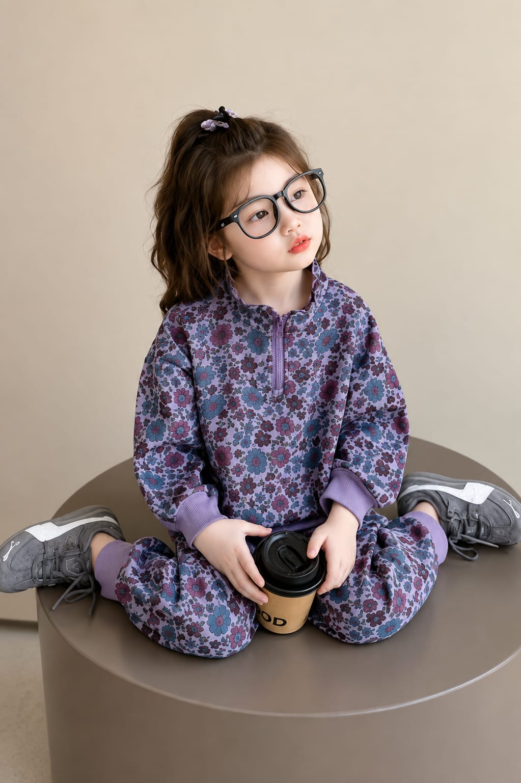 Purple Flowers Printed Half Zipper Kids Track Suit