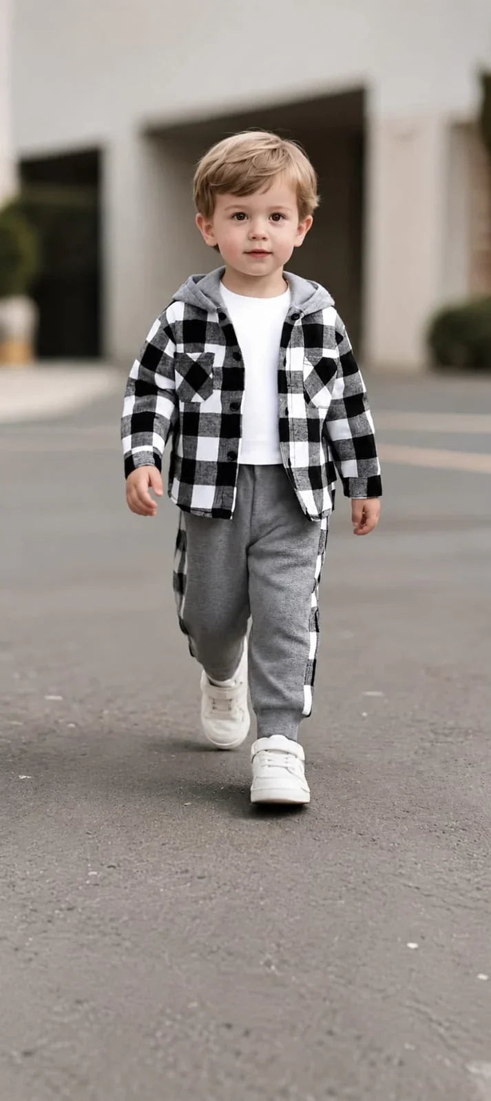 Urban Plaid Grey And Black Check Button Down Hooded Kids Tracksuit