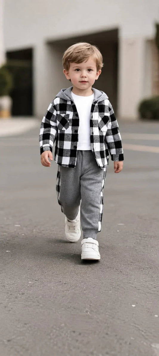 Urban Plaid Grey And Black Check Button Down Hooded Kids Tracksuit