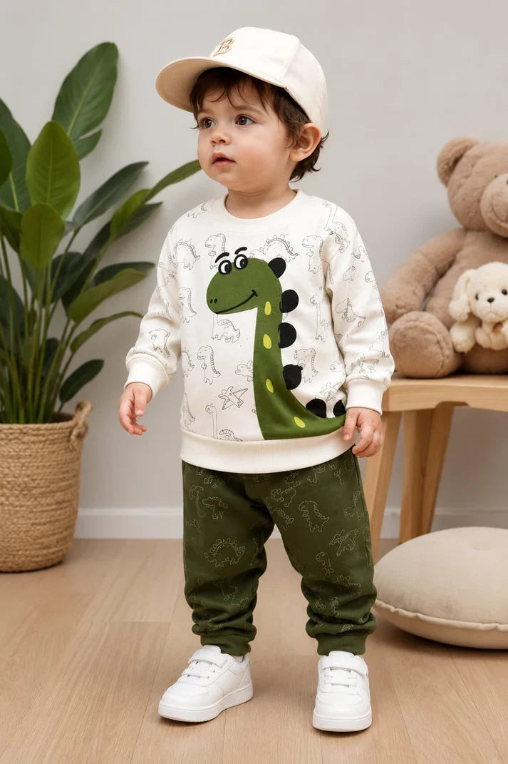 Cute Green Dino Print Kids Track Suit
