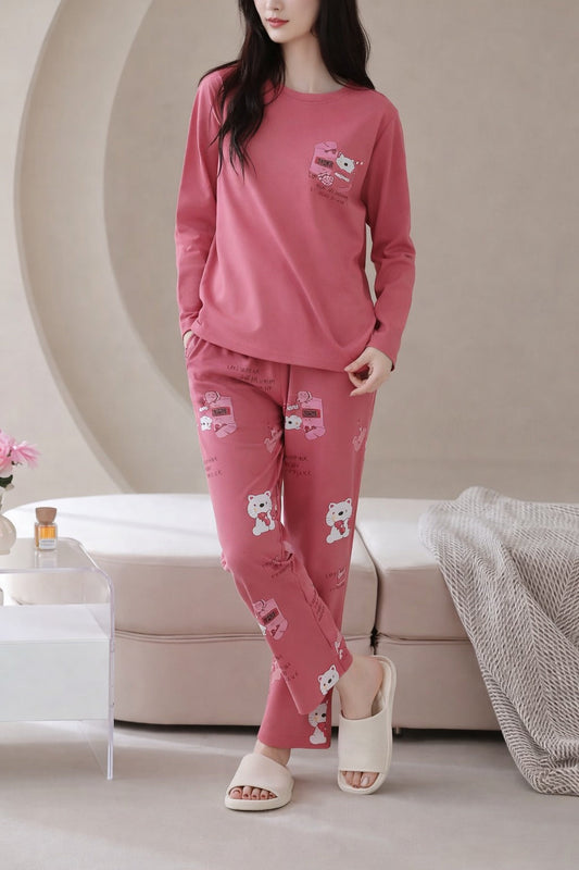 Pink Sleepy Bear with Bear Printed Full Sleeves PJ Set For Her