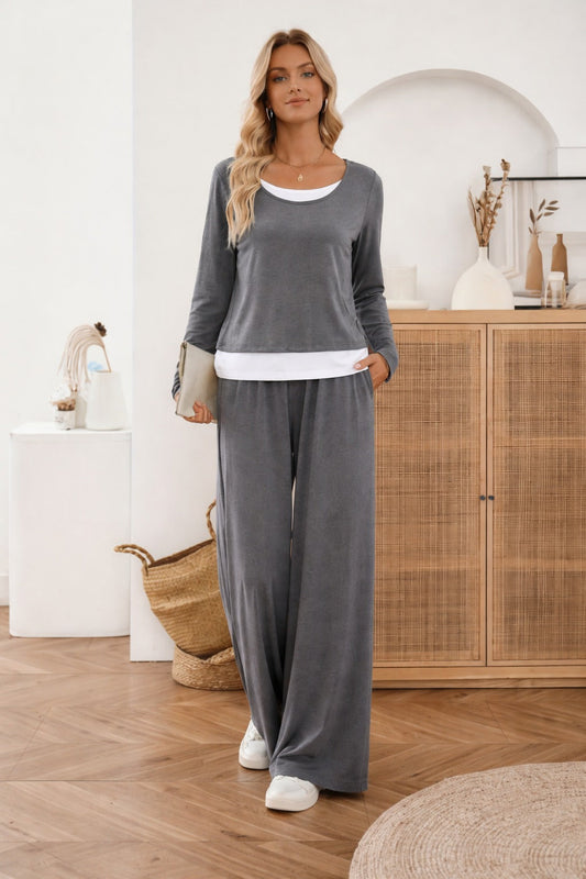 Grey with White Bottom line Plain plazzo night suit for her