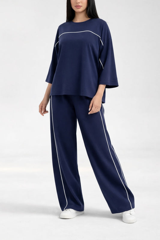 Navy Blue with White Lining Quater Sleeves Shirt with Plain Palazzo Loungewear For Her