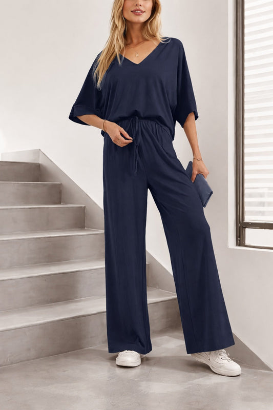 (New) Navy Blue V Neck plain Half Sleeves night suit with plazo pajama