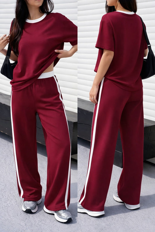 (New) Maroon with white round Neck night suit with White panel plazo pajama