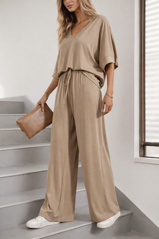 (New)Beige V Neck plain Half Sleeves night suit with plazo pajama