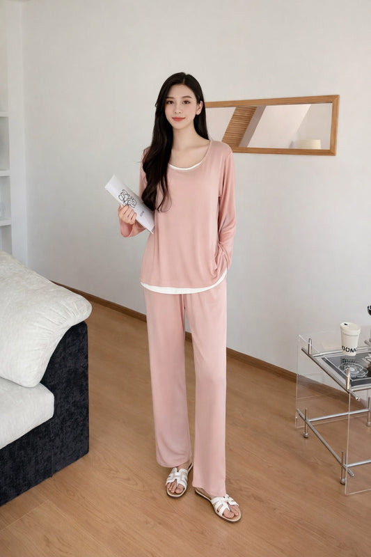 (New) Pink with white Round Neck full sleeves with plazo night suit
