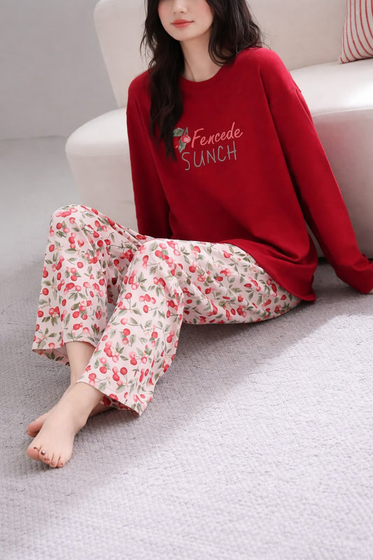 Red Fencede Sunch with Cherry Printed Full Sleeves PJ Set For Her