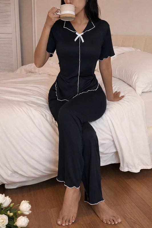 (New) black Collar with white bow half sleeves night suit