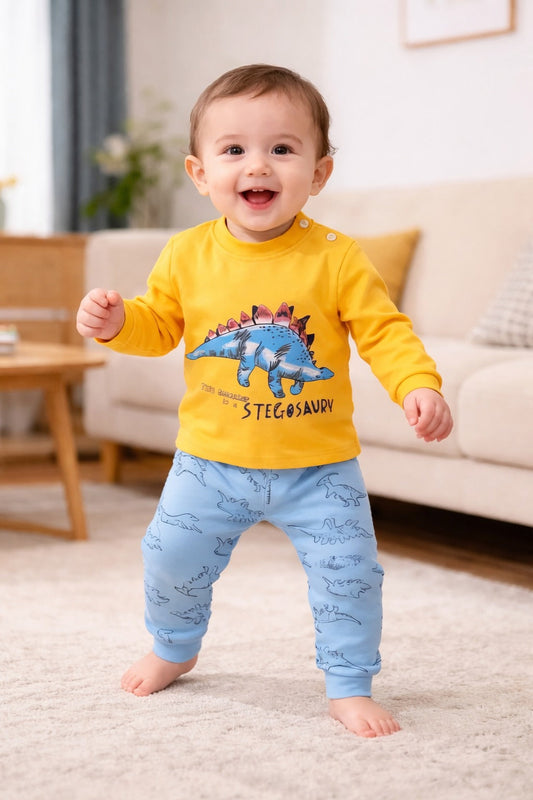 Yellow with Blue Dinosour Printed T shirt with multi dino trouser kids suit