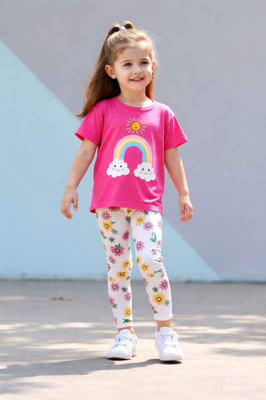 Shocking pink rainbow t shirt with multi flowers printed pajama kids night suit
