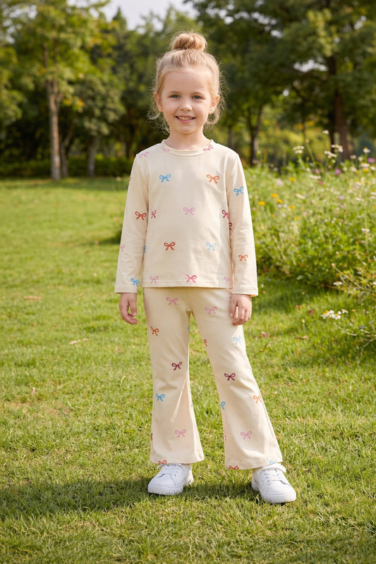 off white multi color bow Printed full sleeves kids night suit