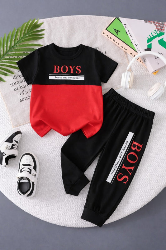 Black and red Boys brave and confident printed t shirt with printed pajama kids suit