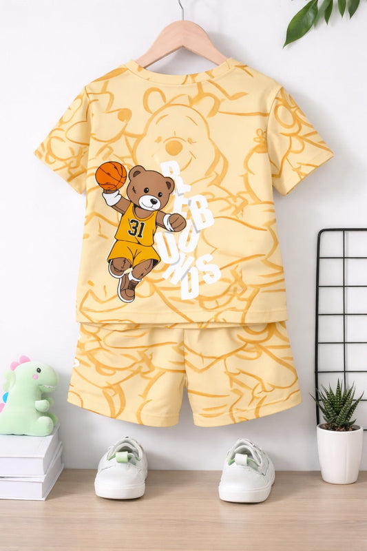 yellow bear with basket ball printed kids suit