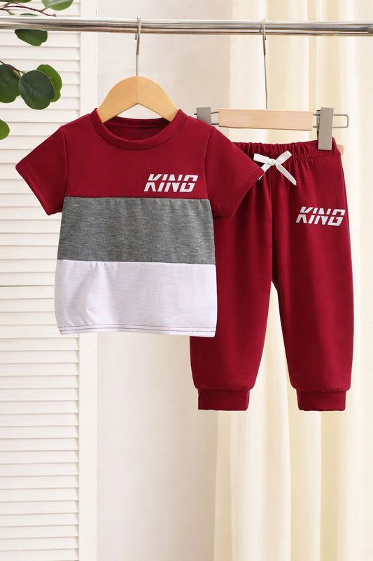 Maroon grey white Multi King Printed kids suit