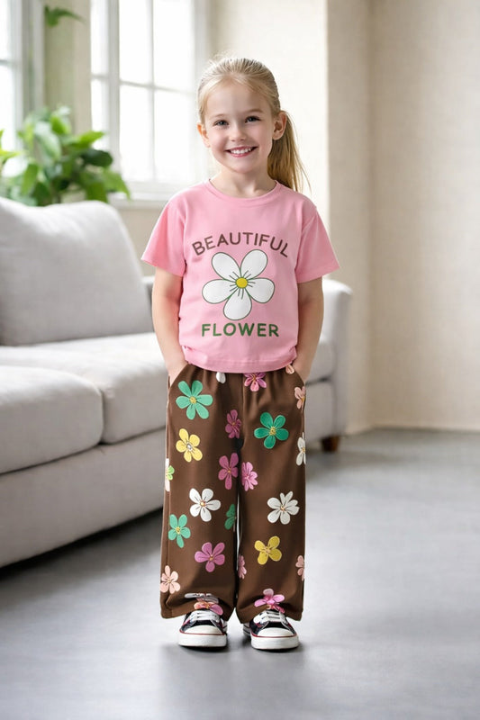 Pink multicolour big Flower T shirt with brown Flowers printed pjs