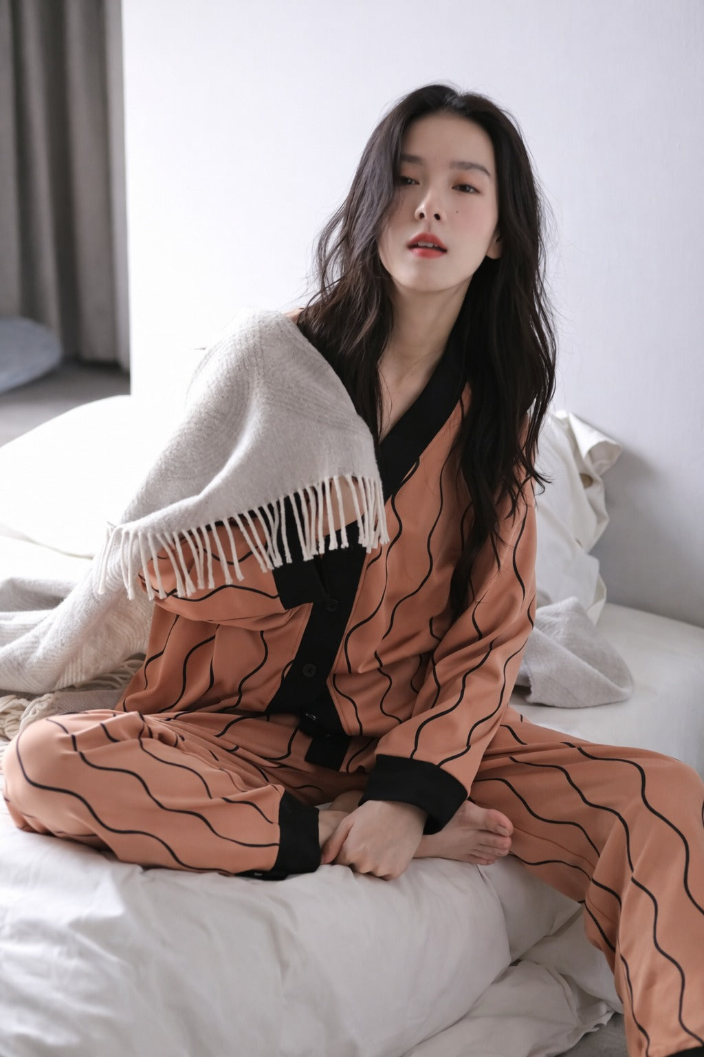Orange with black linings printed Front button Style night suit For her