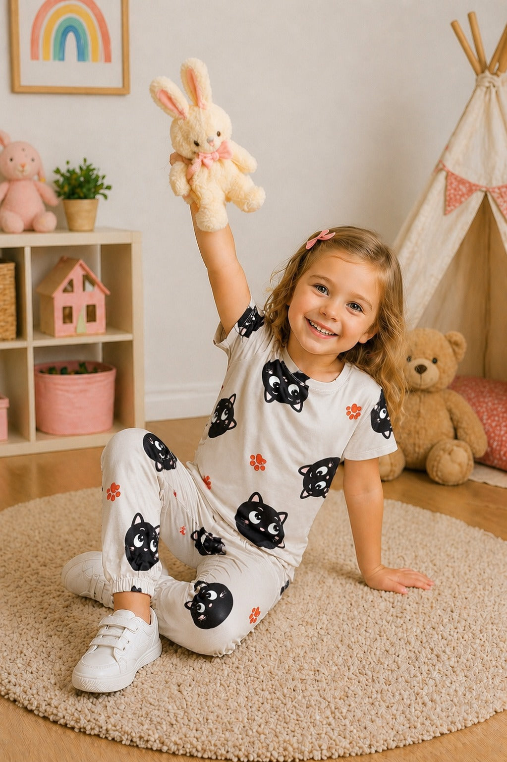 Grey With Black Cat Printed Kids Suit