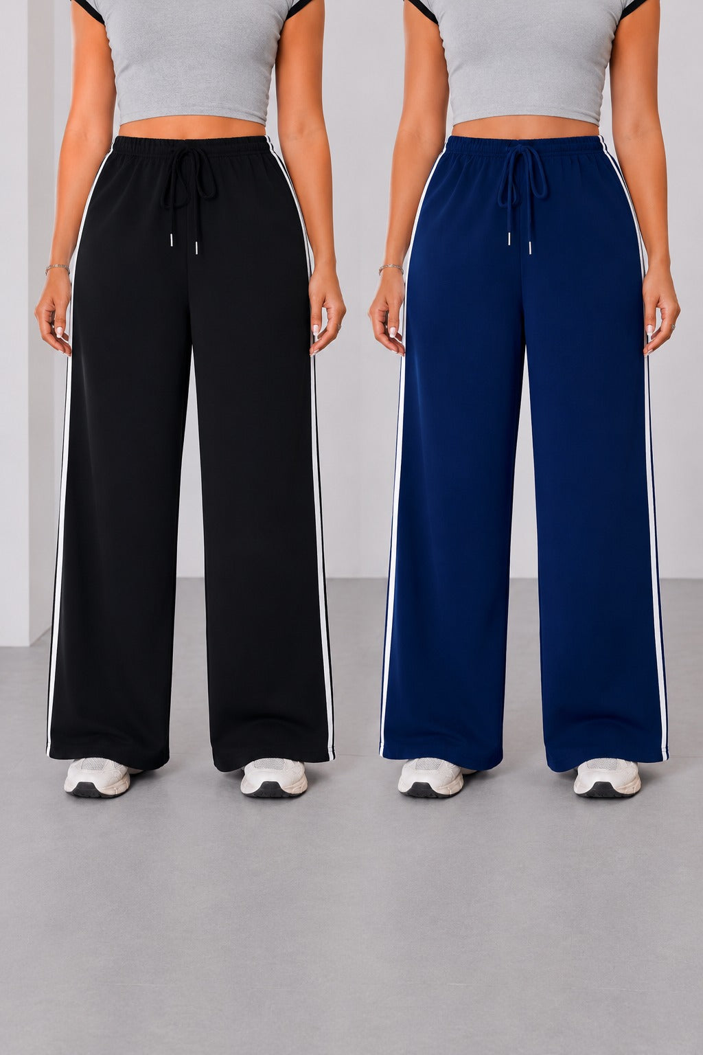Pack of 2 Black And Navy Blue white stripes Terry Baggy  Trouser for her