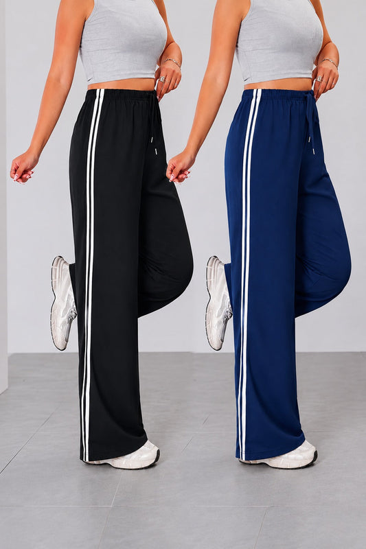 Pack of 2 Black And Navy Blue white stripes Terry Baggy  Trouser for her
