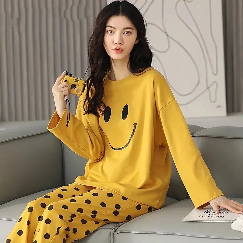 Yellow Smile Print Full Sleeves T-shirt With Dotted Pajama Night Suit (ZA-38)