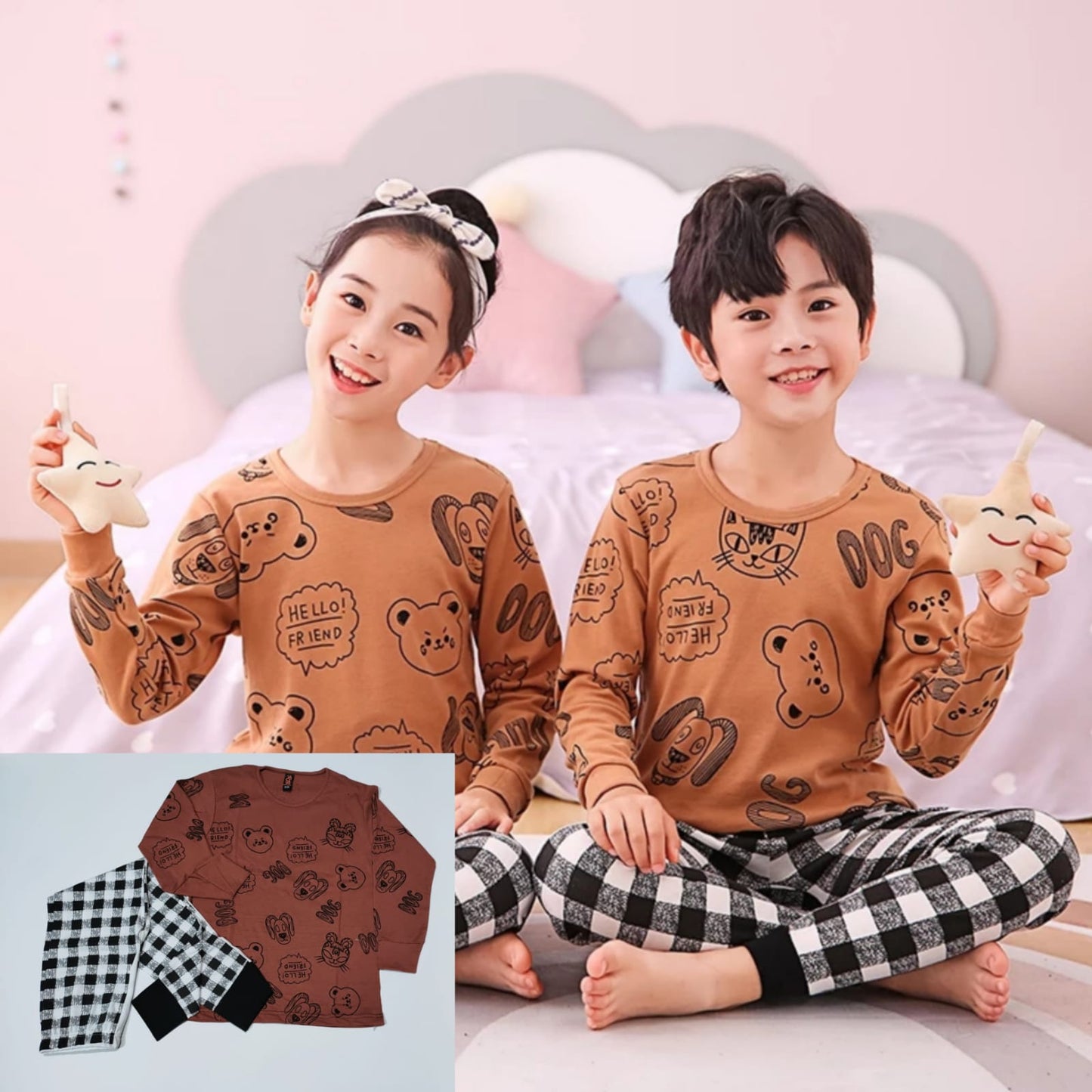 Baby or Baba Brown Dog with Check Pajama Print Full Sleeves Night Suit for Kids (1 Pcs) (ZA-126)