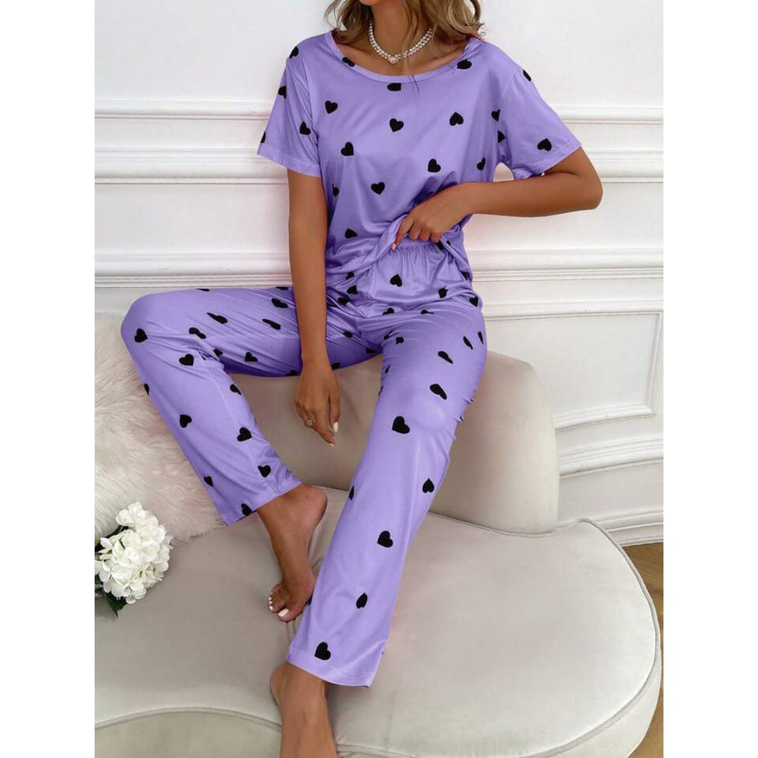 Purple With Black Hearts Print Half Sleeves T-shirt With Hearts Printed Trouser Suit (ZA-186)