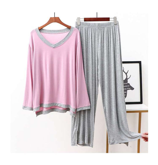 Pink with Hazil Grey V Neck with Hazil Grey Contrast Palazzo Pajama Full Sleeves Night Suit for Her (ZA-76)