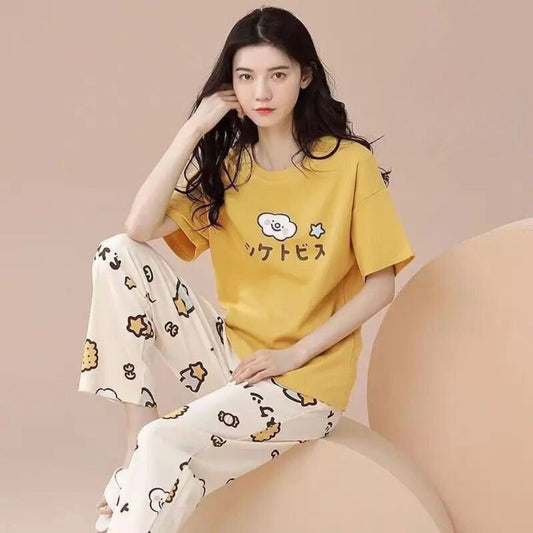 Yellow Little Bear Print Half Sleeves Printed Night Suit (ZA-499)