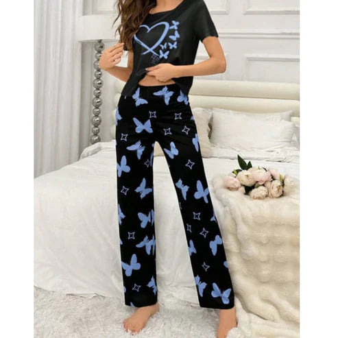 Black With Blue Butterflies Heart Printed T-shirt And Butterflies Printed Trouser Suit (KO-NS-480)