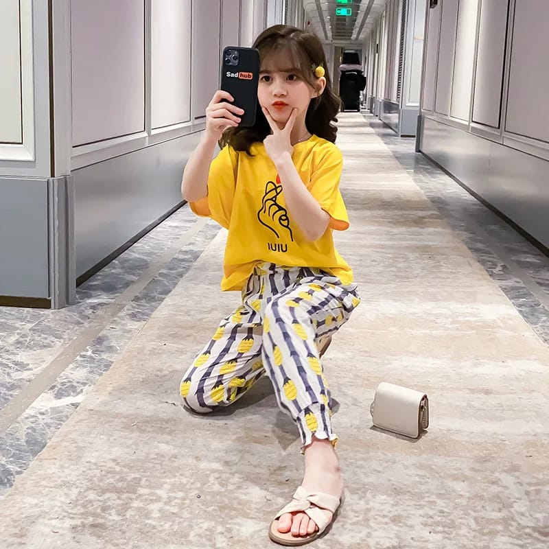 Baby Or Baba Yellow Hand Print Half Sleeves T-shirt With Pineapple Printed Pajama Night Suit for Kids (1 Pcs) (ZA-176)