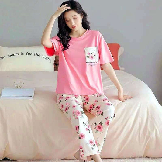 Pink Pocket Flower With White Flowers Printed Trouser (KO-NS-483)