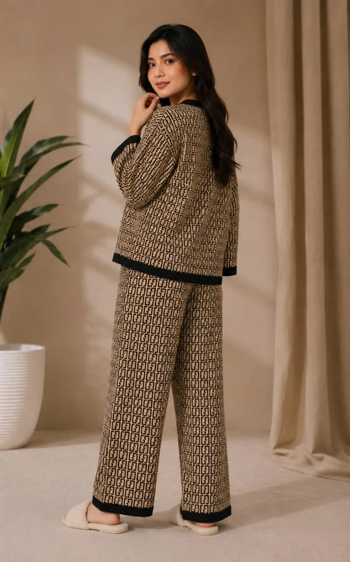 Brown Signature Monogram Printed V-Neck Button PJ Set For Her