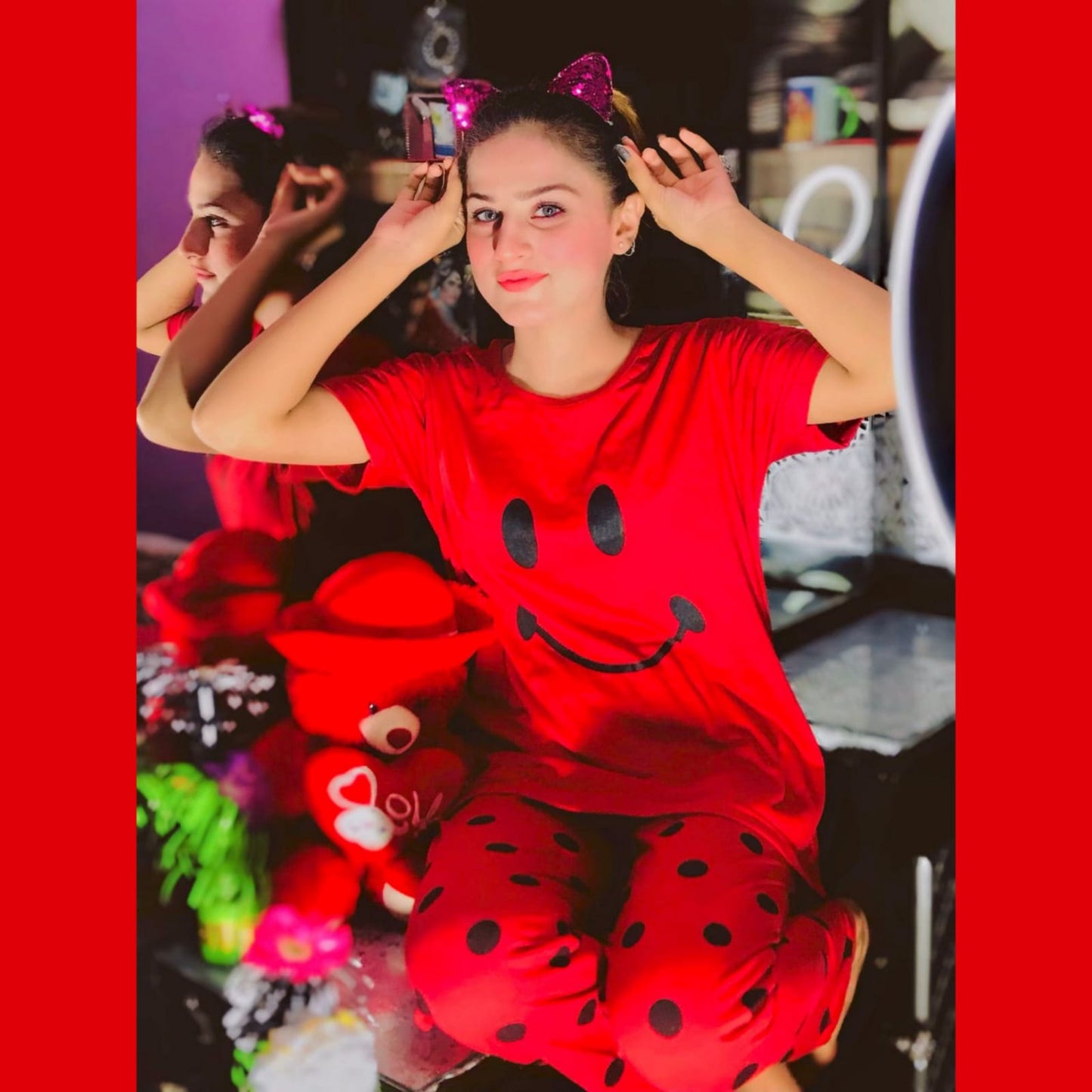 Red Smile with Dotted Style Pajama Half Sleeves Night Suit for her