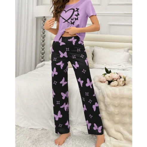 Lilac With Black Butterflies Heart Printed T-shirt And Butterflies Printed Trouser Suit (KO-NS-481)