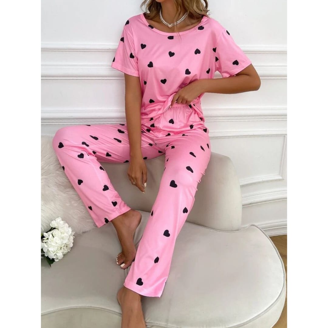 New Pink With Black Hearts Print Half Sleeves T-shirt With Hearts Printed Trouser Suit (ZA-187)