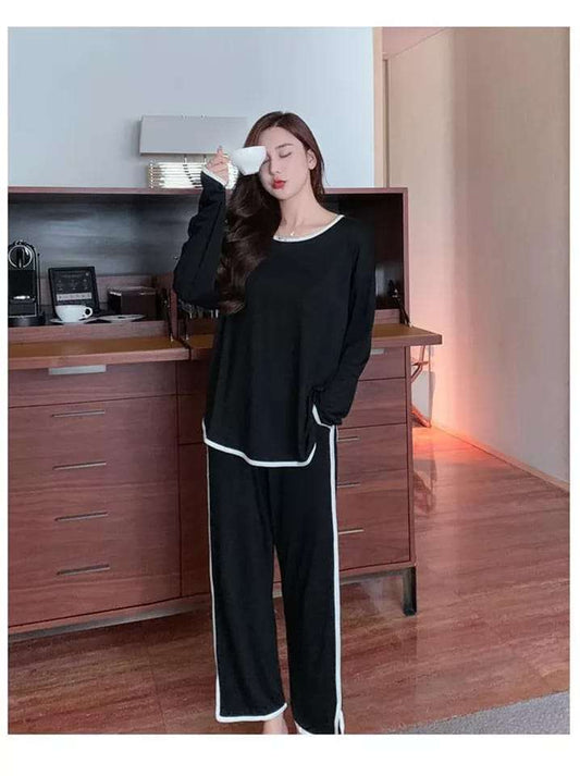 Black with White Round Neck Pipen T Shirt with Pipen Pajama Full Sleeves Suit for Her (ZA-72)