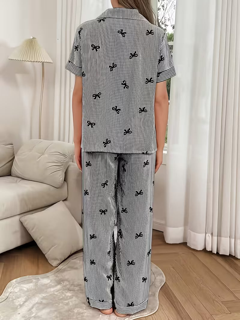 Women Stripe & Bow Print Lapel Short Sleeve Top & Pants PJS