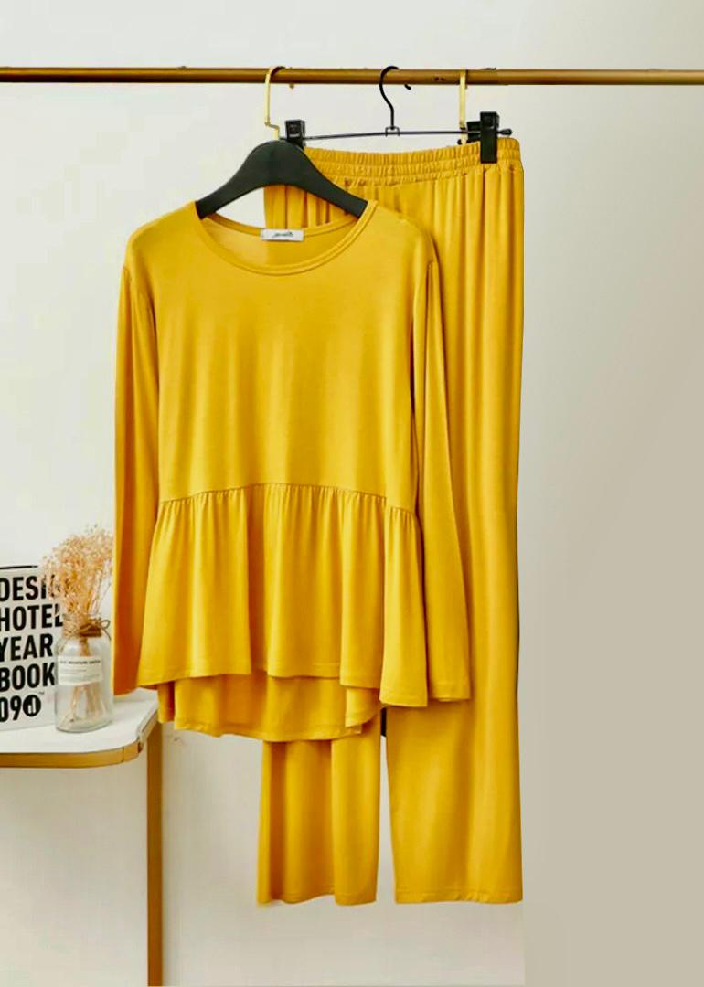 Plain Yellow Frill Style with Palazzo Style Pajama Full Sleeves Suit for Her (ZA-51)