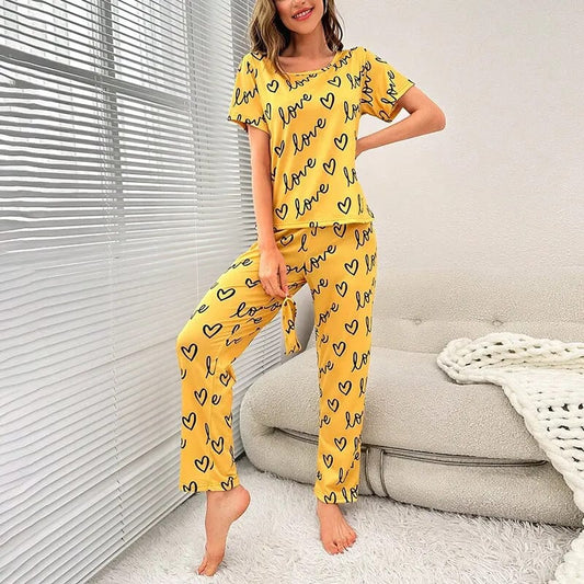 Yellow Love Printed T-shirt And Trouser Suit (ZA-149)