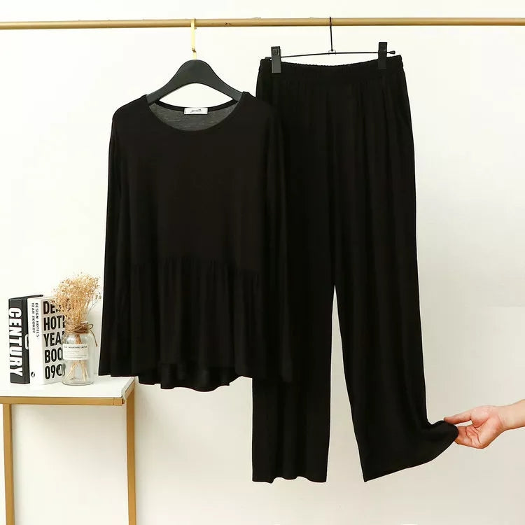 Plain Black Frill Style with Palazzo Style Pajama Full Sleeves Suit for Her (ZA-50)