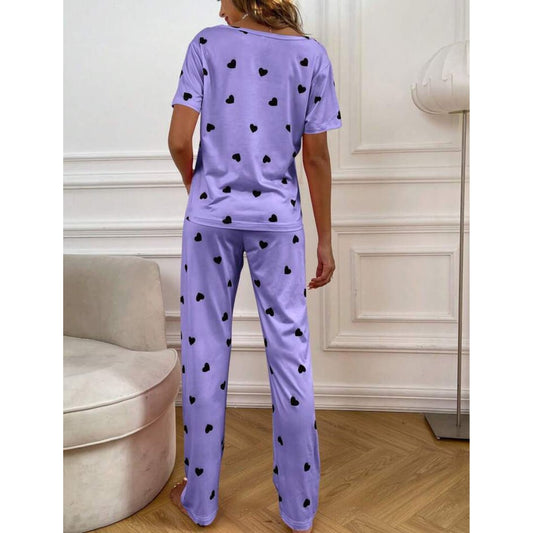 Purple With Black Hearts Print Half Sleeves T-shirt With Hearts Printed Trouser Suit (ZA-186)