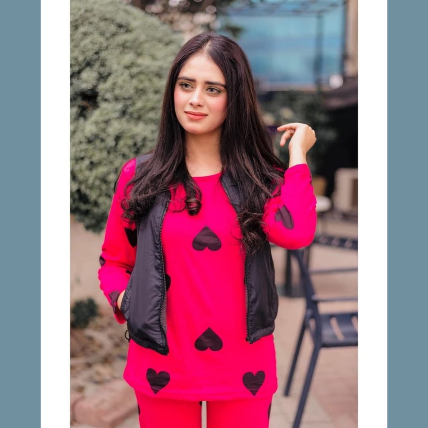 Shocking Pink With Black Big Heart print Full Sleeves Night Suit for her (ZA-31)