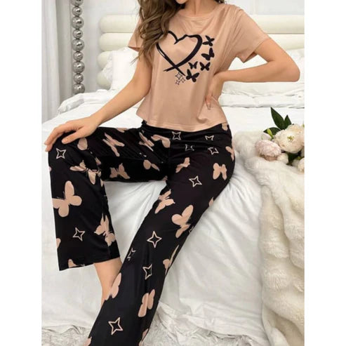 Brown With Black Butterflies Heart Printed T-shirt And Butterflies Printed Trouser Suit (KO-NS-482)