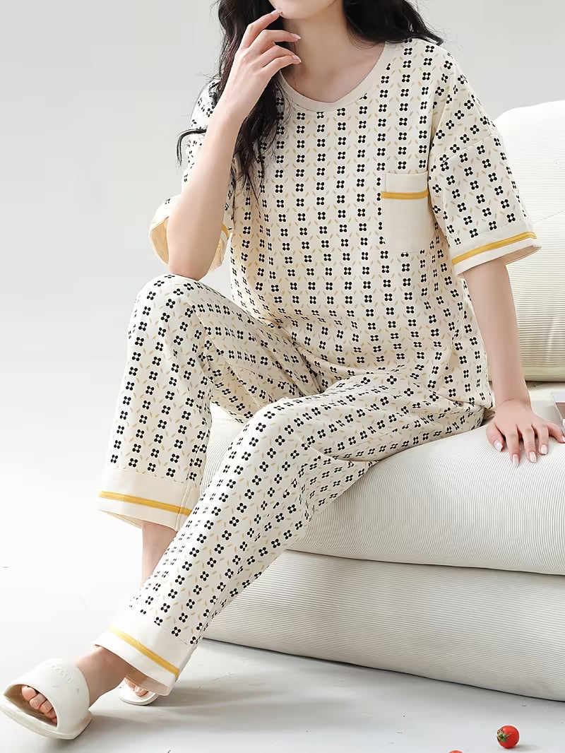 Short-Sleeved Shirt And Plaid Trousers with black dots
